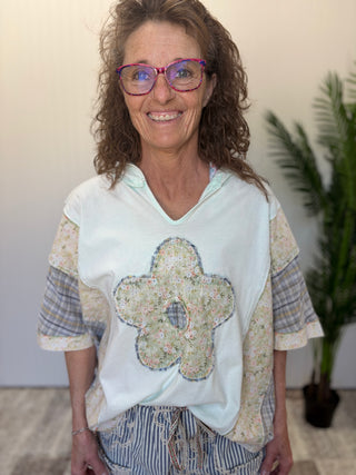 Cotton Blue Flower & Plaid Printed Hoodie Pullover by Easel