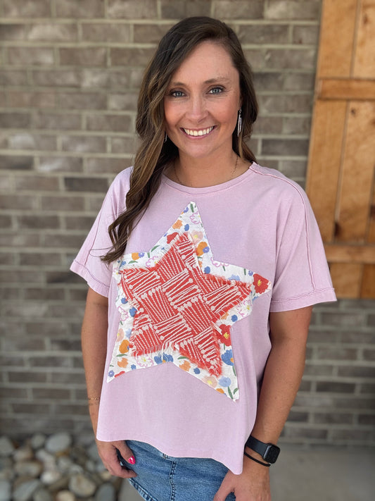 Cotton Pink Short Sleeve Star Patch Top by Easel