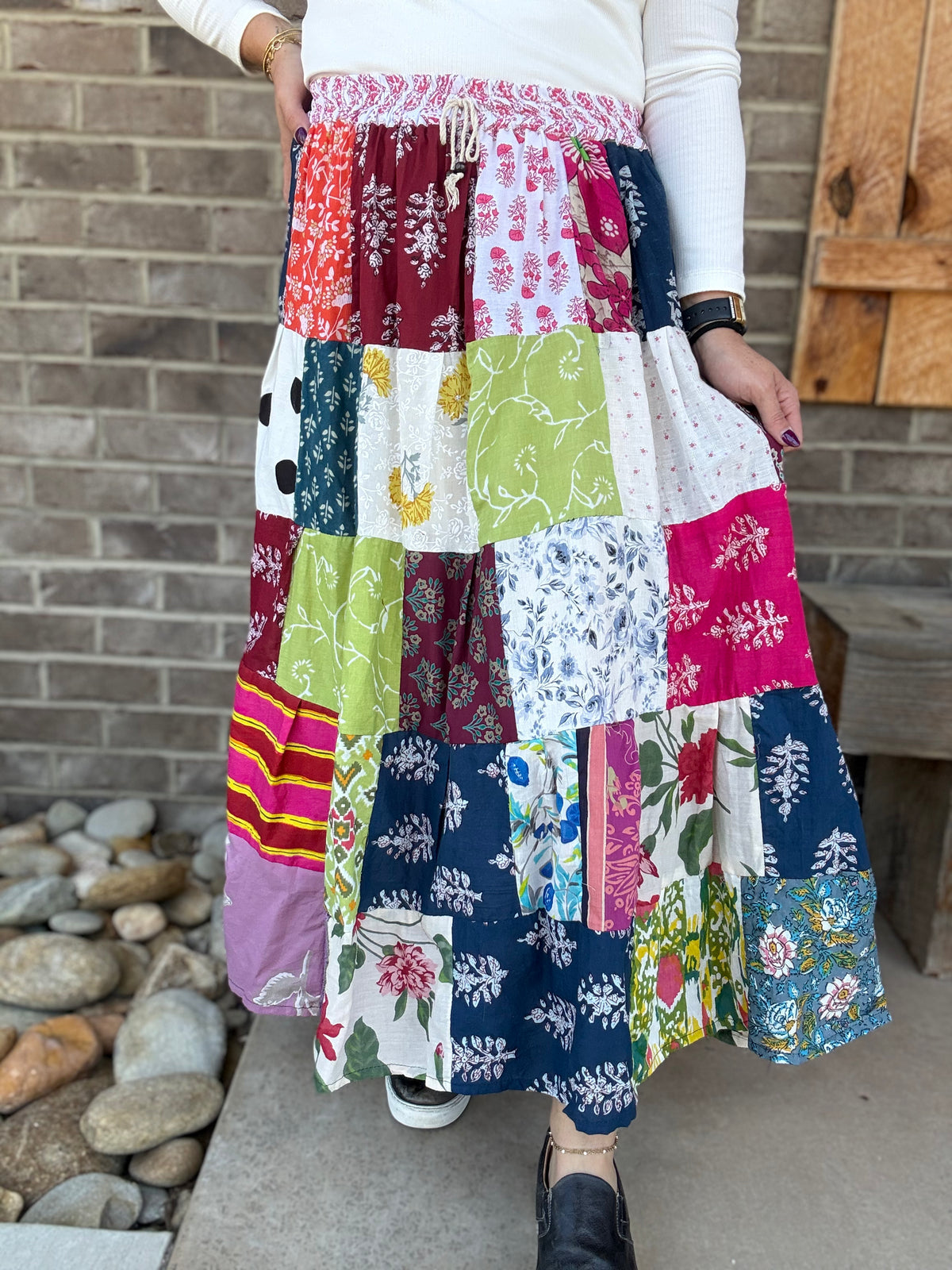 Cotton Multi Patch Long Festival Skirts - One Size