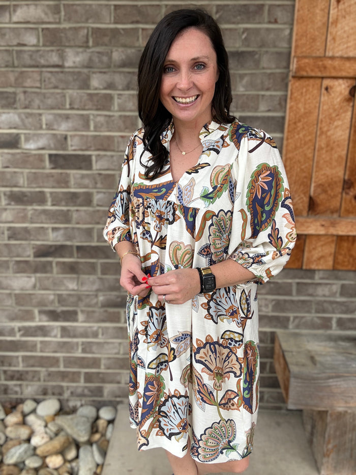 Cream Umgee Abstract Print Puff Sleeve Babydoll Dress