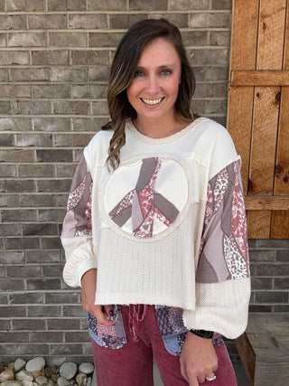 Cream Peace Patchwork Oversized Top w/ Waffle Detail by POL