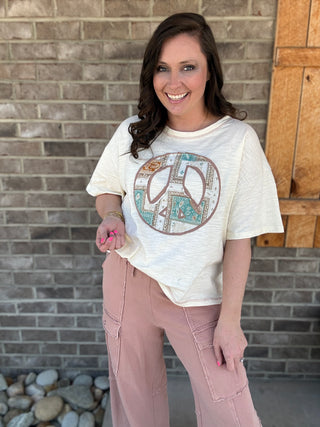 Cream Peace Sign Patchwork Short Sleeve Top by Haptics
