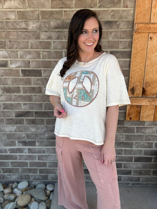Cream Peace Sign Patchwork Short Sleeve Top by Haptics