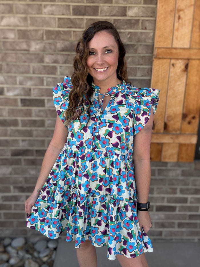 Cream Tiered Mini Dress w/ Aqua &amp; Purple Floral Detail by Entro