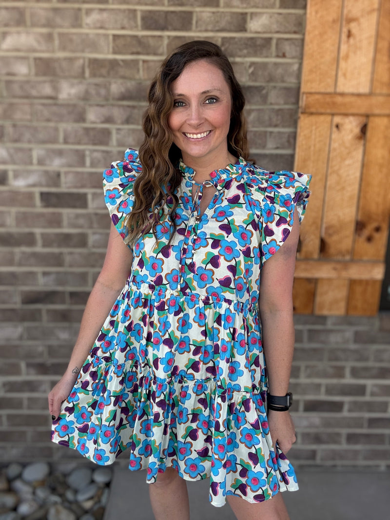Cream Tiered Mini Dress w/ Aqua &amp; Purple Floral Detail by Entro