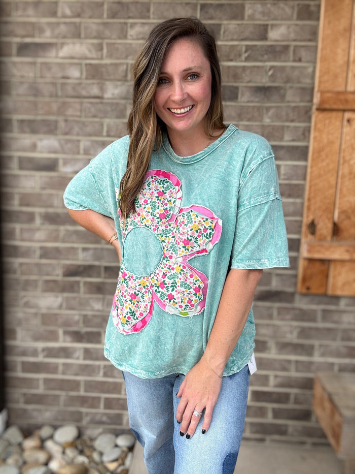 Cyan Mineral Washed Floral Patch Top by J. Her