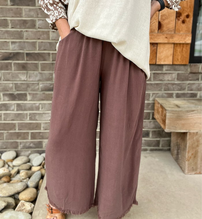 2661- Brown Wide Leg Linen Pants