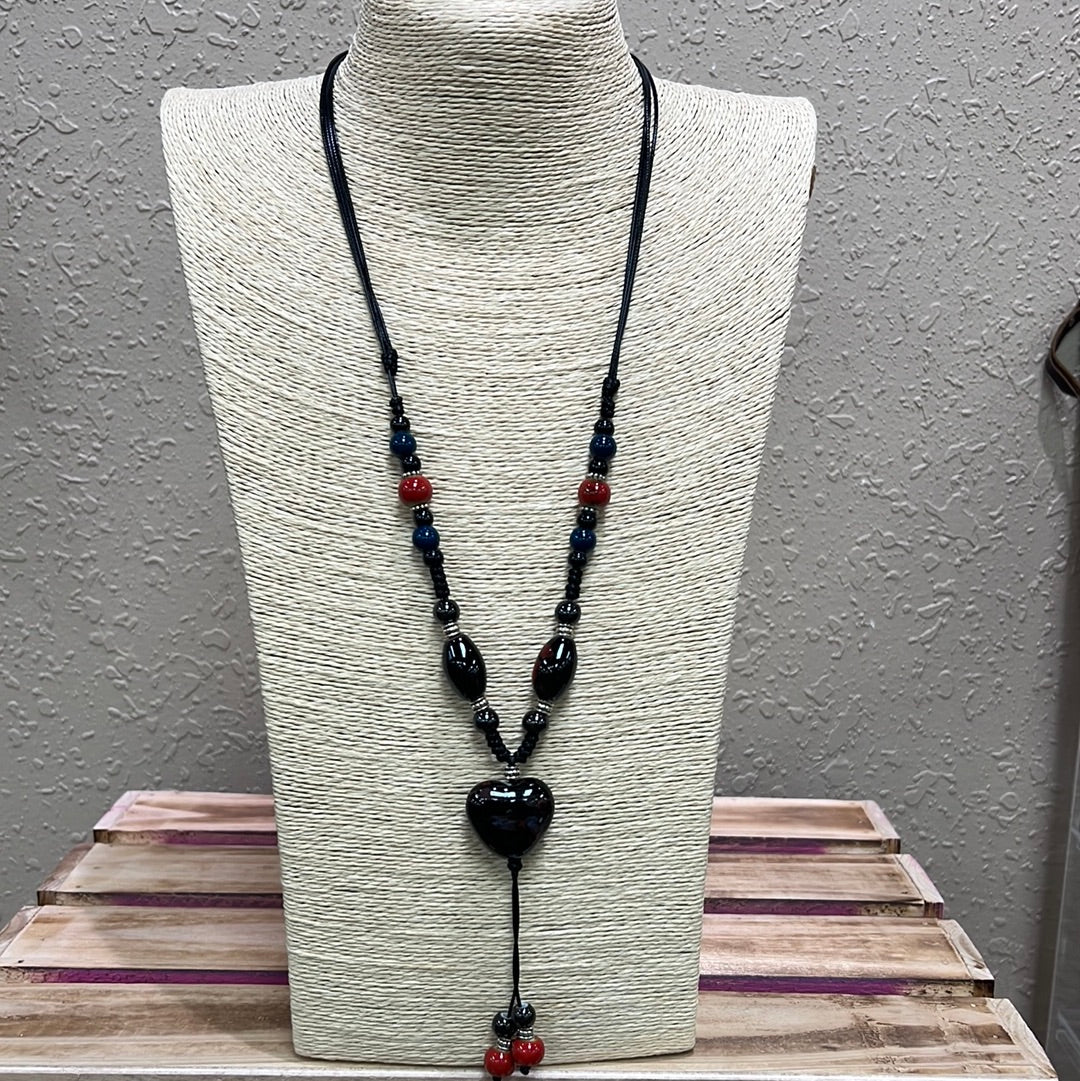 740- Black Beaded Stone Necklace w/ Heart