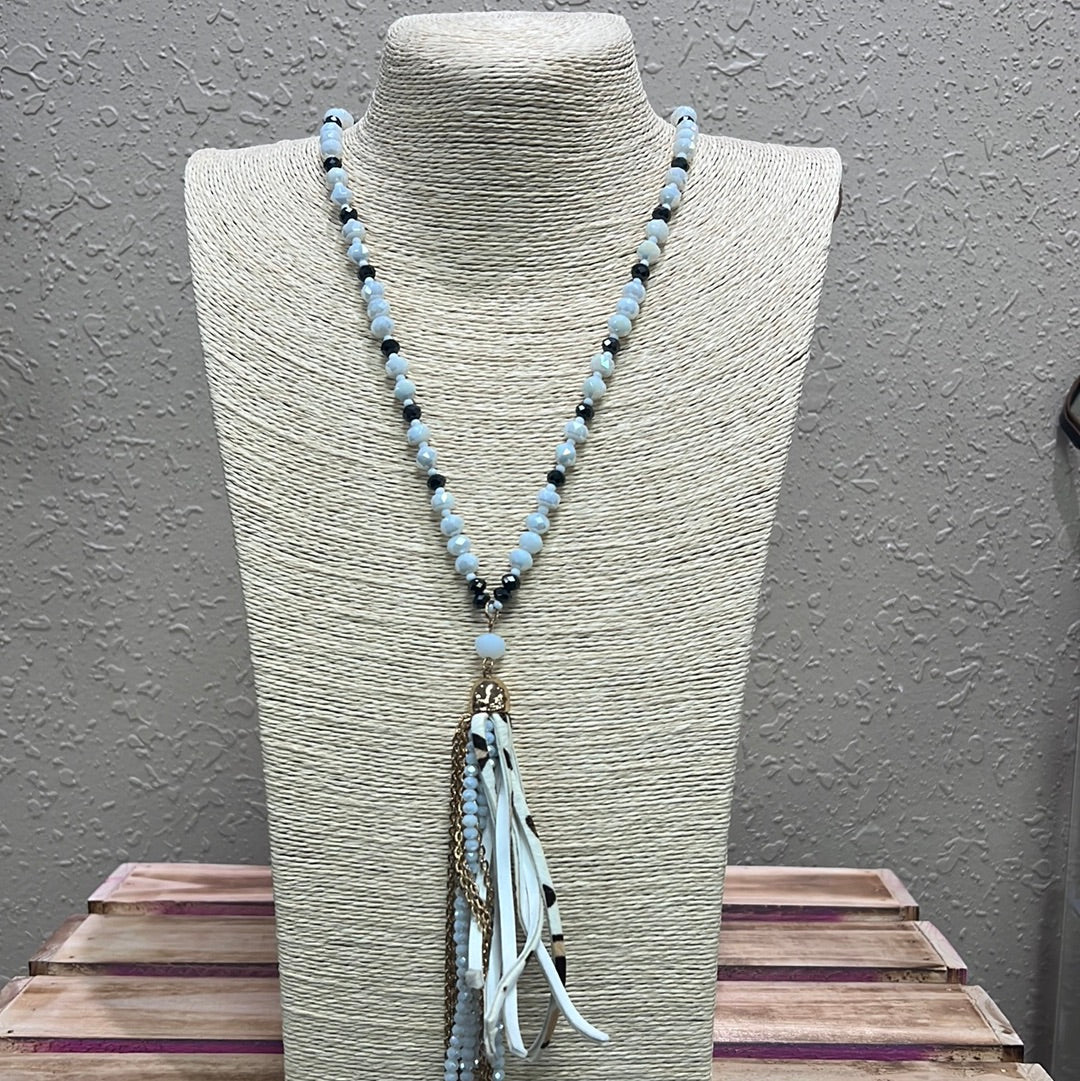 566- White Beaded Leopard Tassel Necklace