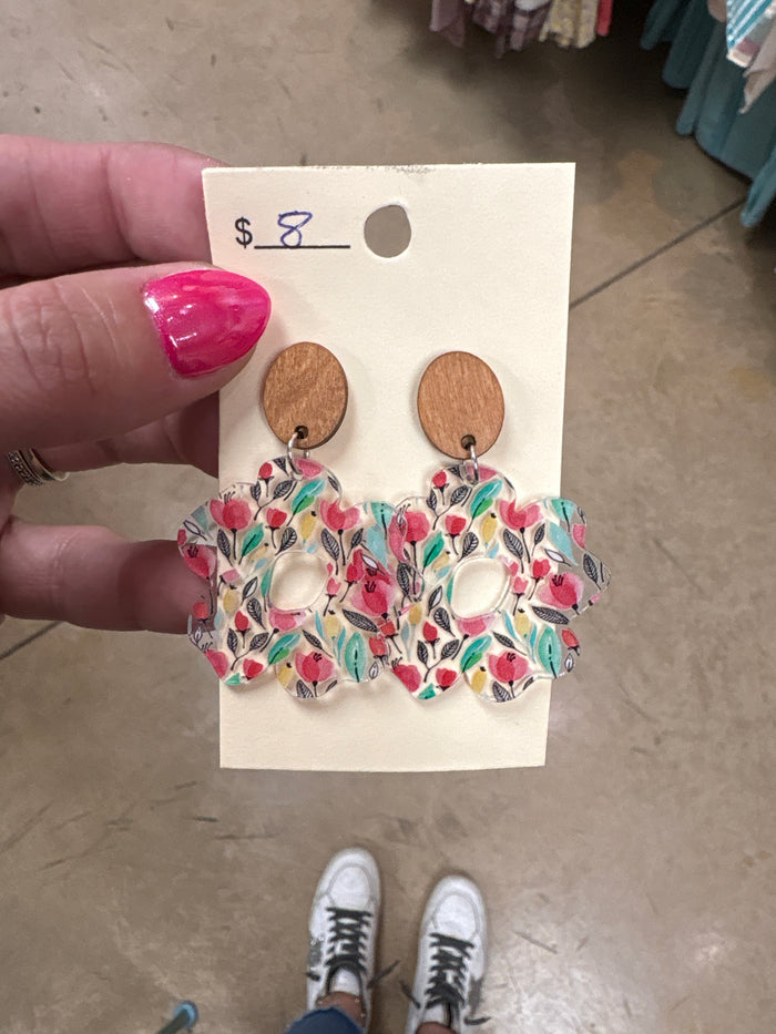 Clear Acrylic Red & Green Floral Earrings