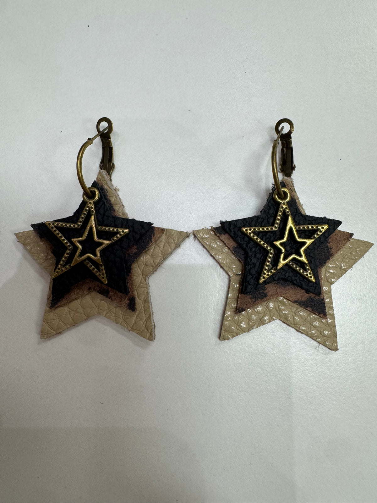 Taupe, Leopard, Black Star Charm Layered Earrings