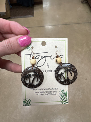 8446- Wooden Palm Tree w/ Cream Tauga Nut Earrings