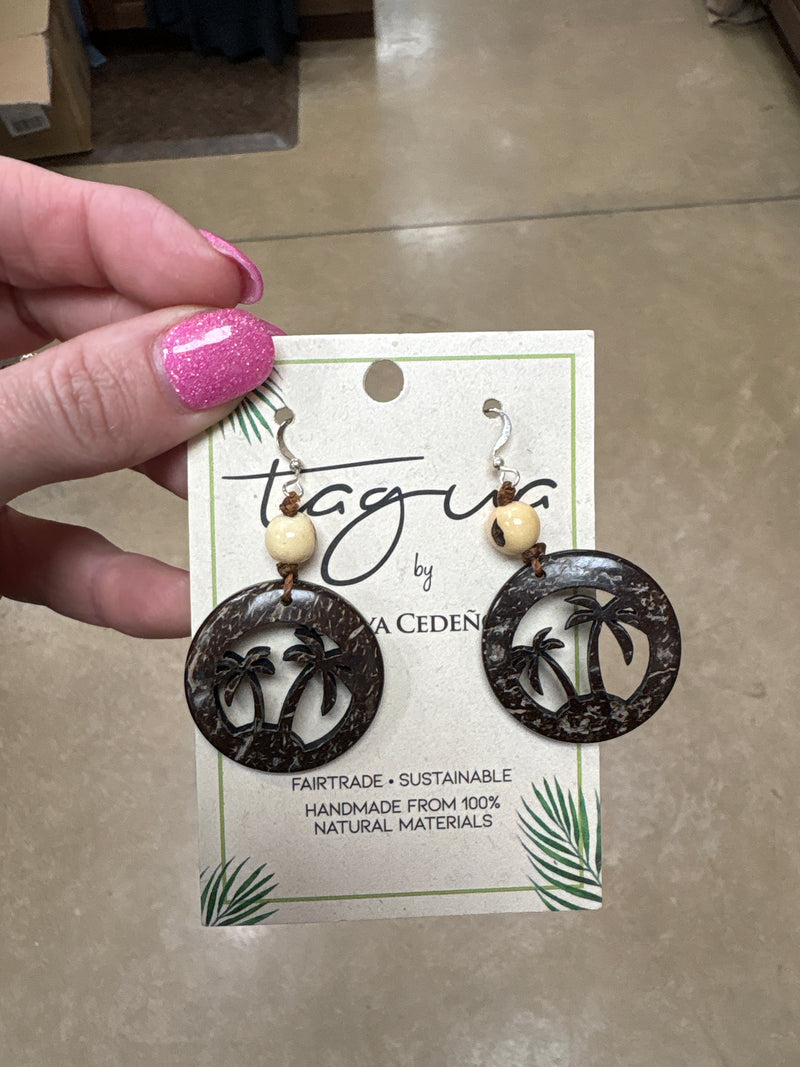 8446- Wooden Palm Tree w/ Cream Tauga Nut Earrings