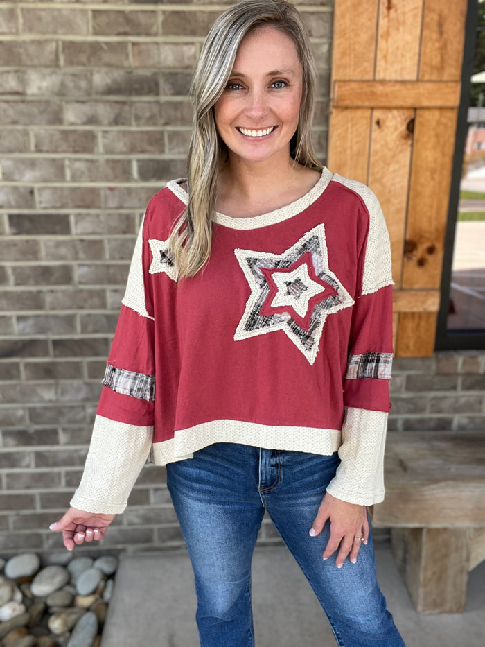 2744- Dark Red Star Patchwork Crop Long Sleeve Top