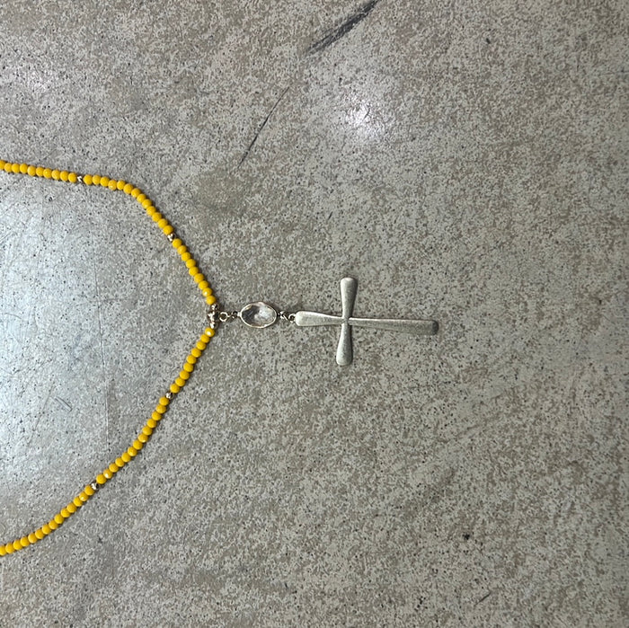 2256- Yellow Beaded Necklace w/ Gold Cross Pendant