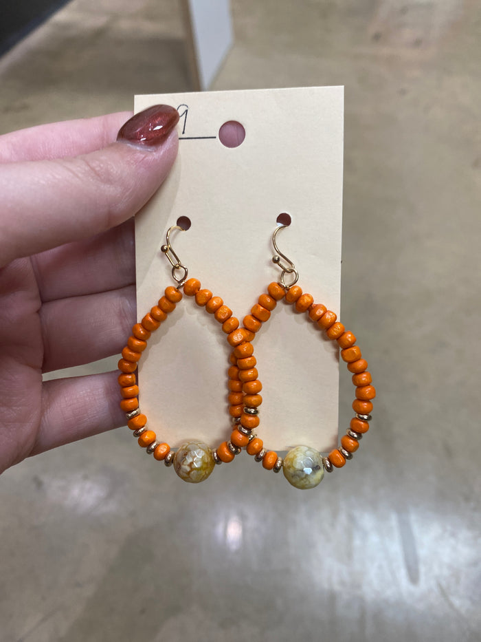 8111- Orange Beaded Teardrop Earrings w/ Beaded Detail