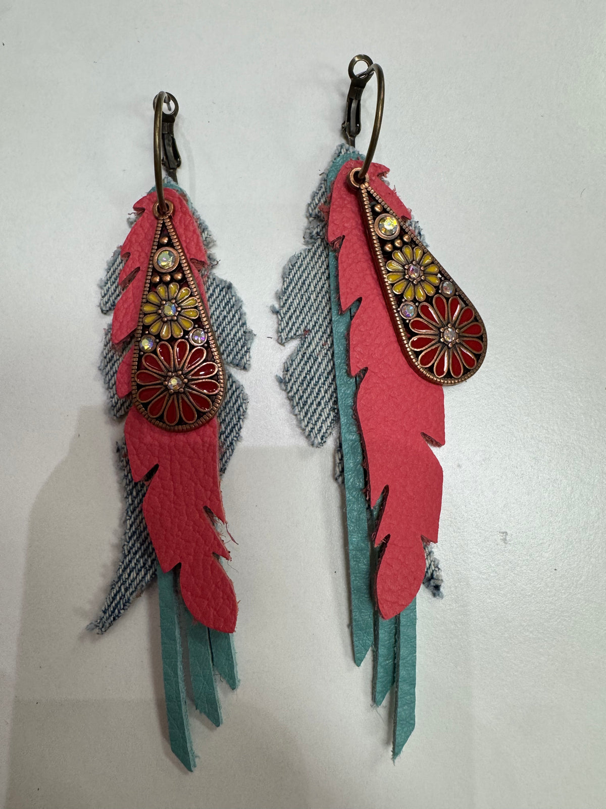 Denim, Teal, Coral Layered Boho Earrings