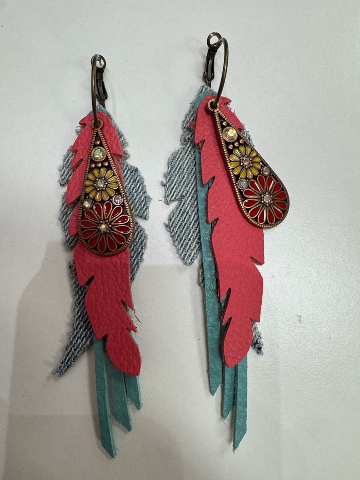 Denim, Teal, Coral Layered Boho Earrings