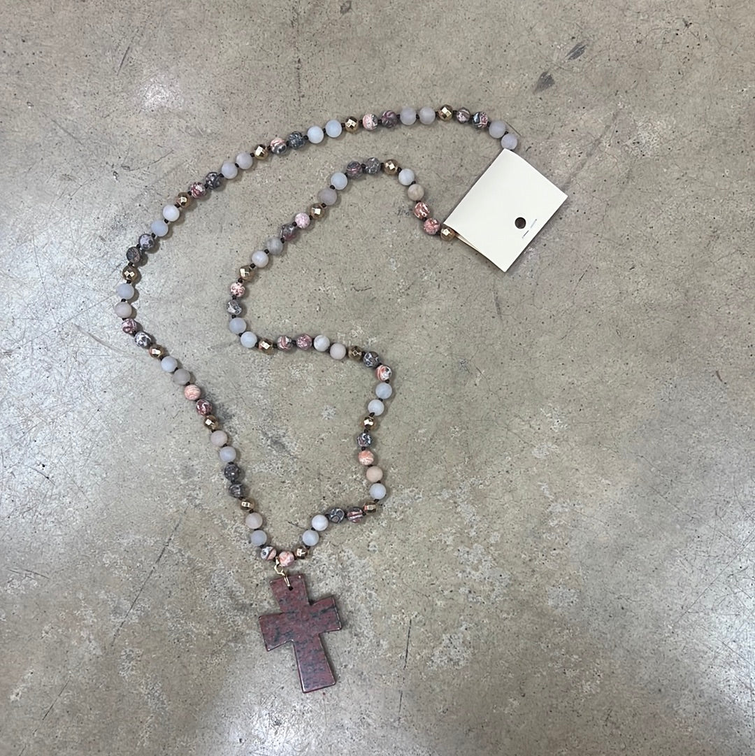 10253- Maroon Beaded Necklace w/ Cross Pendant