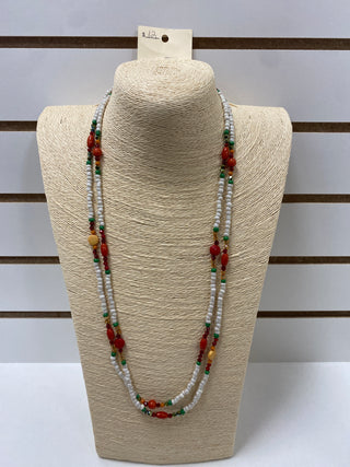 1155- Green, Red, White Beaded Layer Necklace