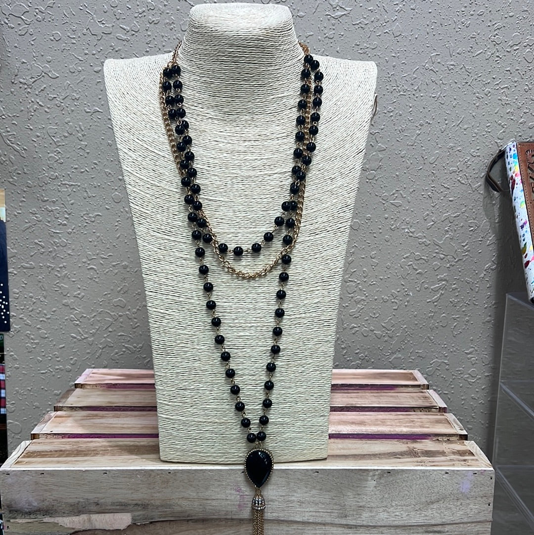 773- Black Beaded Layer Tassel Necklace