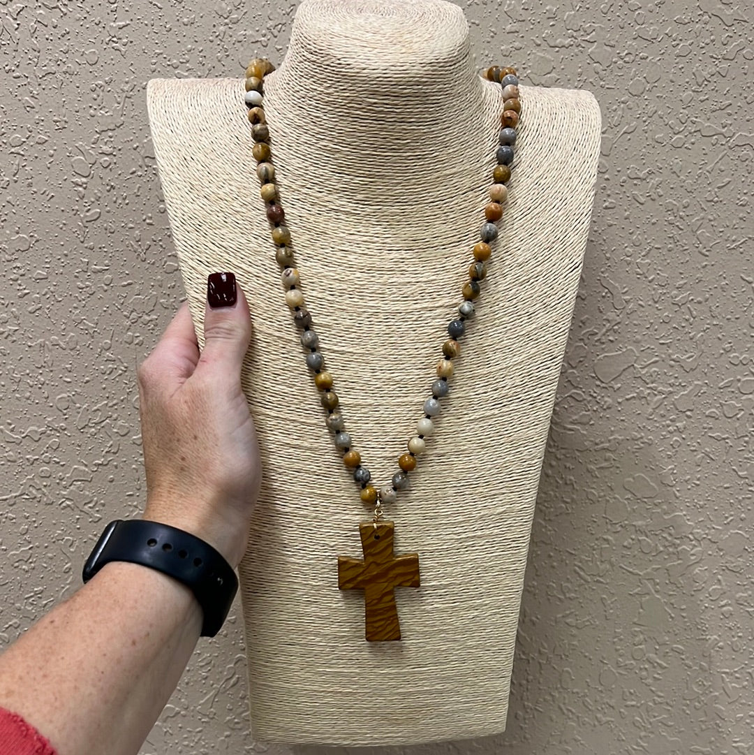 10193- Brown Wooden Necklace w/ Cross Pendant