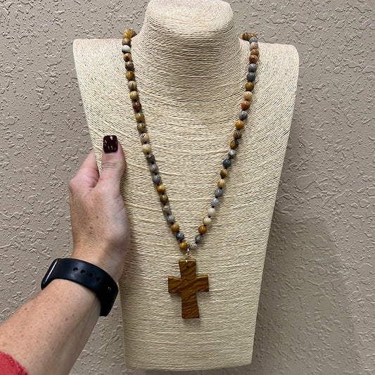 10193- Brown Wooden Necklace w/ Cross Pendant