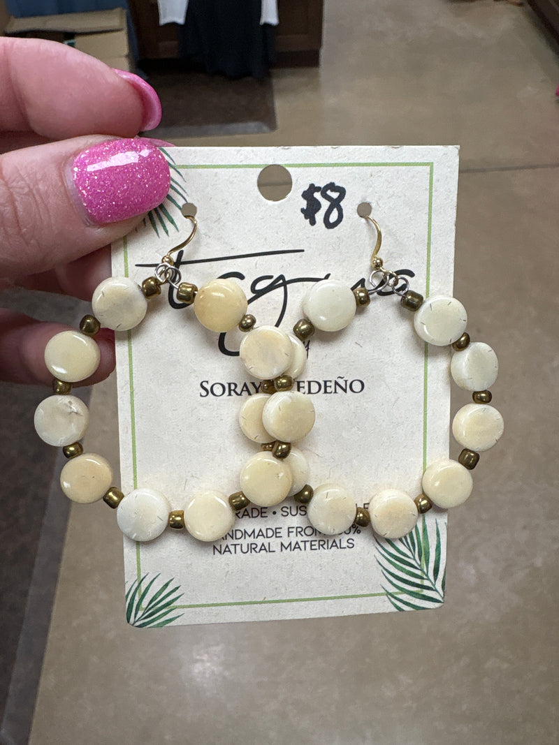 8451- Cream Hoop Circle Tauga Nut Earrings