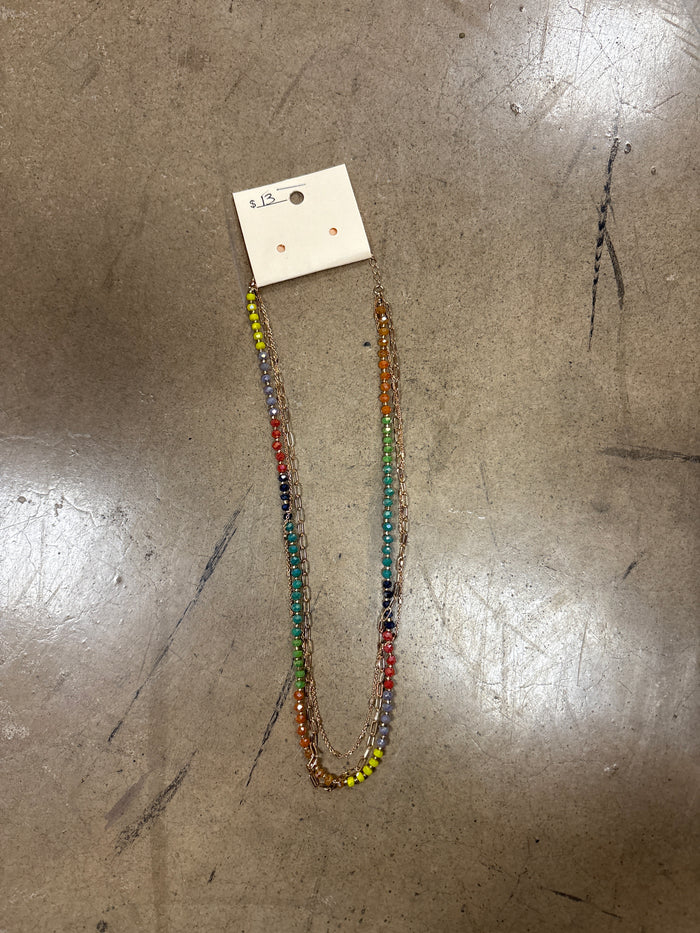 Multiple Color Beaded Dainty Three Chain Layer Necklace