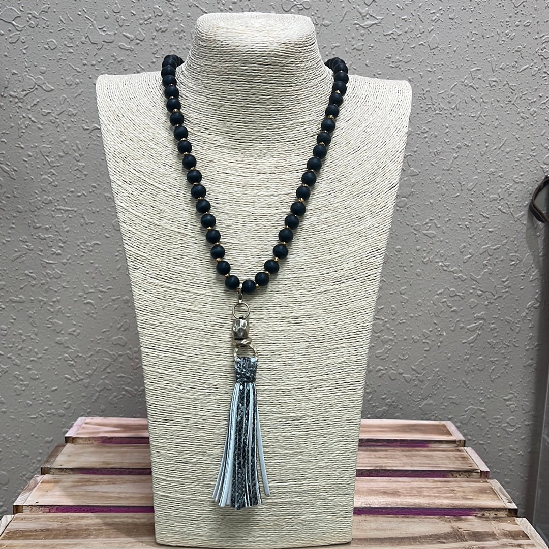 744- Black Wood Bead Necklace w: Snakeskin Tassel