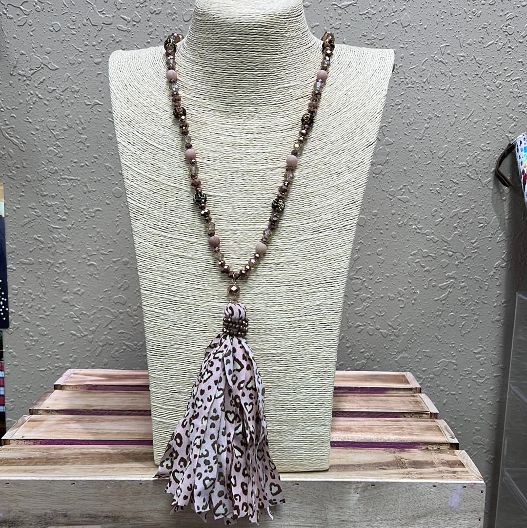 602- Pink Leopard Tassel Necklace