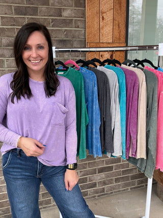 Washed Ribbed Dolman Sleeve Round Neck Top with Pocket by Zenana *MULTIPLE COLORS*