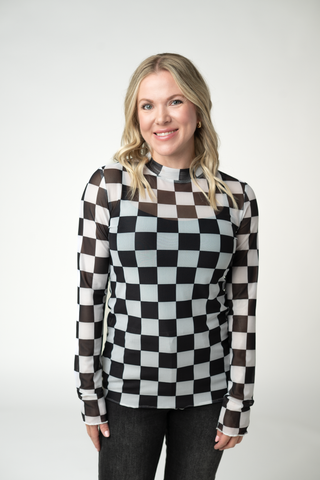 09.02 EN ROUTE Blair Mesh Long Sleeve Top - Black and White Checkers