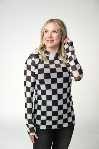 09.02 EN ROUTE Blair Mesh Long Sleeve Top - Black and White Checkers