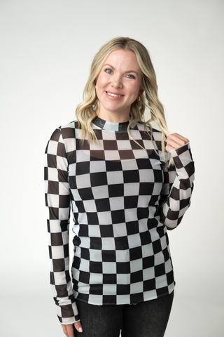 09.02 EN ROUTE Blair Mesh Long Sleeve Top - Black and White Checkers