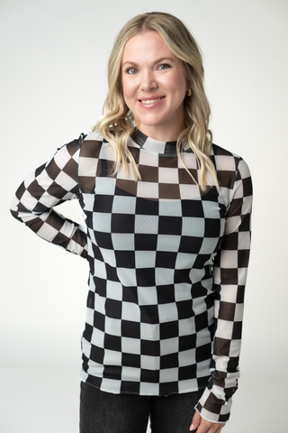 09.02 EN ROUTE Blair Mesh Long Sleeve Top - Black and White Checkers