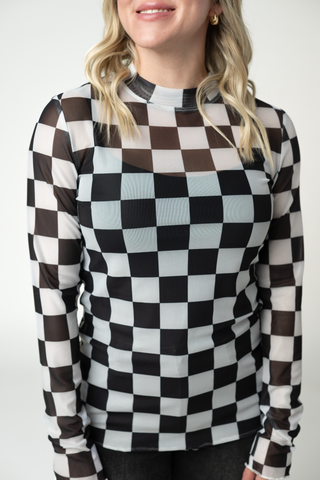 09.02 EN ROUTE Blair Mesh Long Sleeve Top - Black and White Checkers