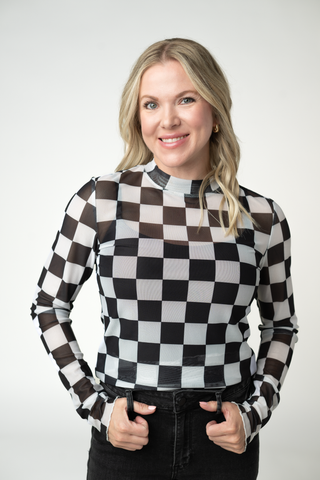 09.02 EN ROUTE Blair Mesh Long Sleeve Top - Black and White Checkers