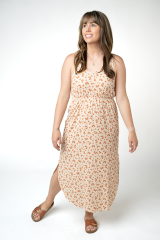 IN STOCK Reagan Ribbed Midi Dress - Sand and Rust Floral