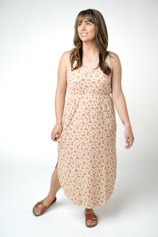 IN STOCK Reagan Ribbed Midi Dress - Sand and Rust Floral