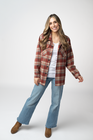 08.21 EN ROUTE Norah Shacket - Brick Plaid
