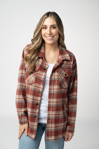 08.21 EN ROUTE Norah Shacket - Brick Plaid