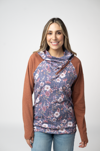 08.21 EN ROUTE Classic Zoey ZipCowl Sweatshirt - Blushwood Floral and Terra Cotta