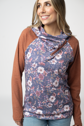 08.21 EN ROUTE Classic Zoey ZipCowl Sweatshirt - Blushwood Floral and Terra Cotta