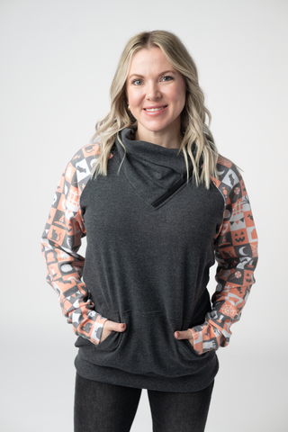 IN STOCK Zoey ZipCowl Sweatshirt -Trick-or-Treat Checkered and Charcoal