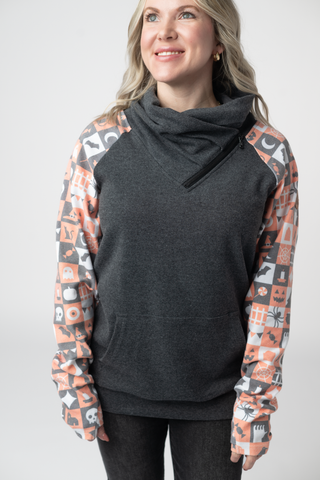 IN STOCK Zoey ZipCowl Sweatshirt -Trick-or-Treat Checkered and Charcoal
