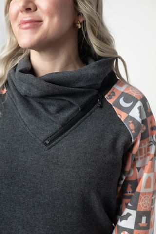 IN STOCK Zoey ZipCowl Sweatshirt -Trick-or-Treat Checkered and Charcoal