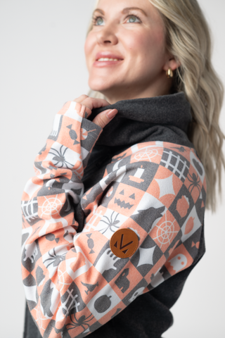 IN STOCK Zoey ZipCowl Sweatshirt -Trick-or-Treat Checkered and Charcoal