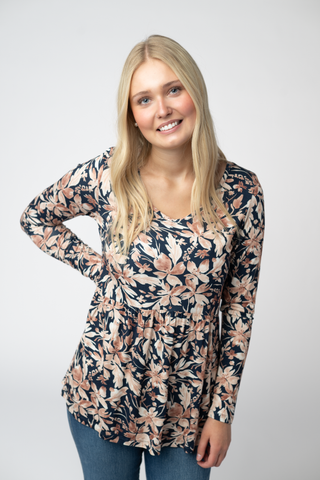 09.02 EN ROUTE Long Sleeve Sarah Ruffle Top - Navy Autumn Petals