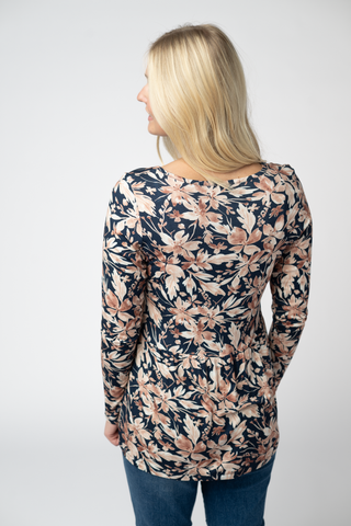 09.02 EN ROUTE Long Sleeve Sarah Ruffle Top - Navy Autumn Petals